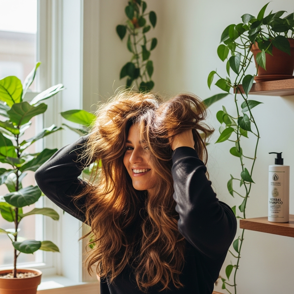 Close-up of healthy hair strands being cleansed with herbal shampoo lather and natural herbs